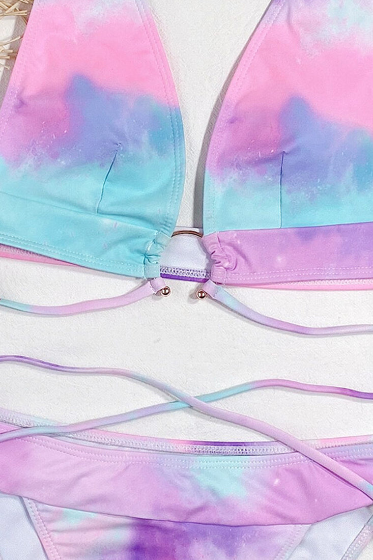 Pink Tie Dye Deep V-Neck Strappy 2 Pc Swimsuit Areous