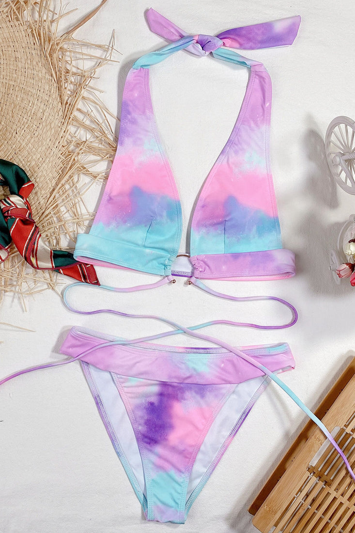 Pink Tie Dye Deep V-Neck Strappy 2 Pc Swimsuit Areous