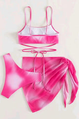 Pink Tie Dye Print Criss-Cross 3 Pc Bikini Set With Cover Up Areous