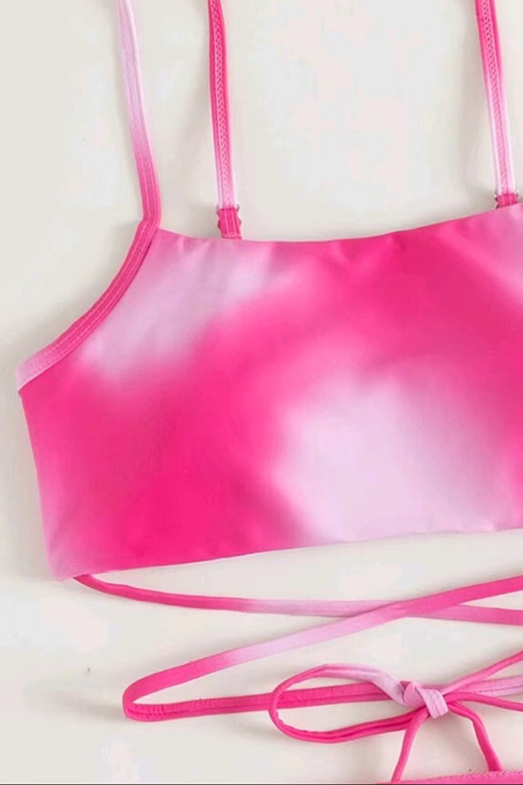 Pink Tie Dye Print Criss-Cross 3 Pc Bikini Set With Cover Up Areous