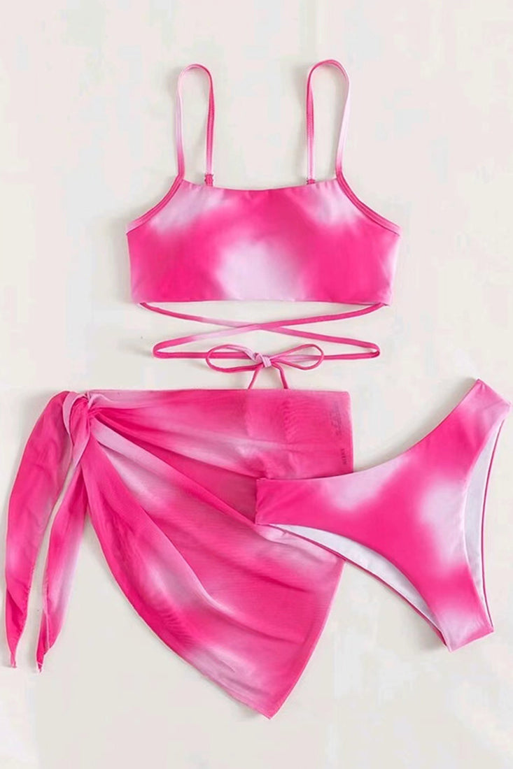 Pink Tie Dye Print Criss-Cross 3 Pc Bikini Set With Cover Up Areous