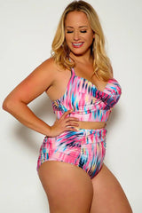 Pink Two Tone Halter High Waist Plus size Two Piece Swimsuit Areous