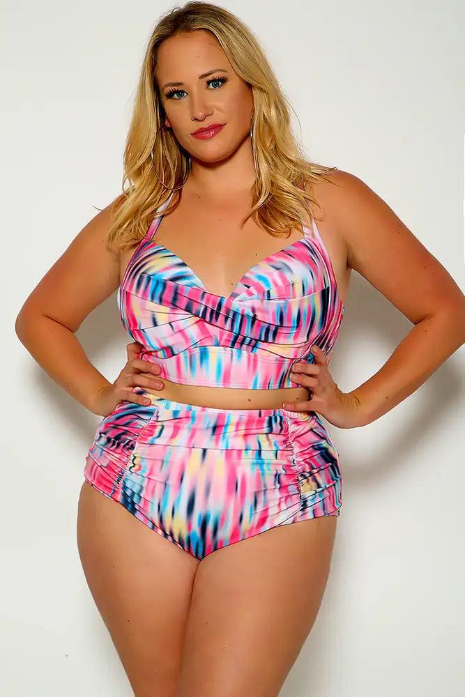 Pink Two Tone Halter High Waist Plus size Two Piece Swimsuit Areous