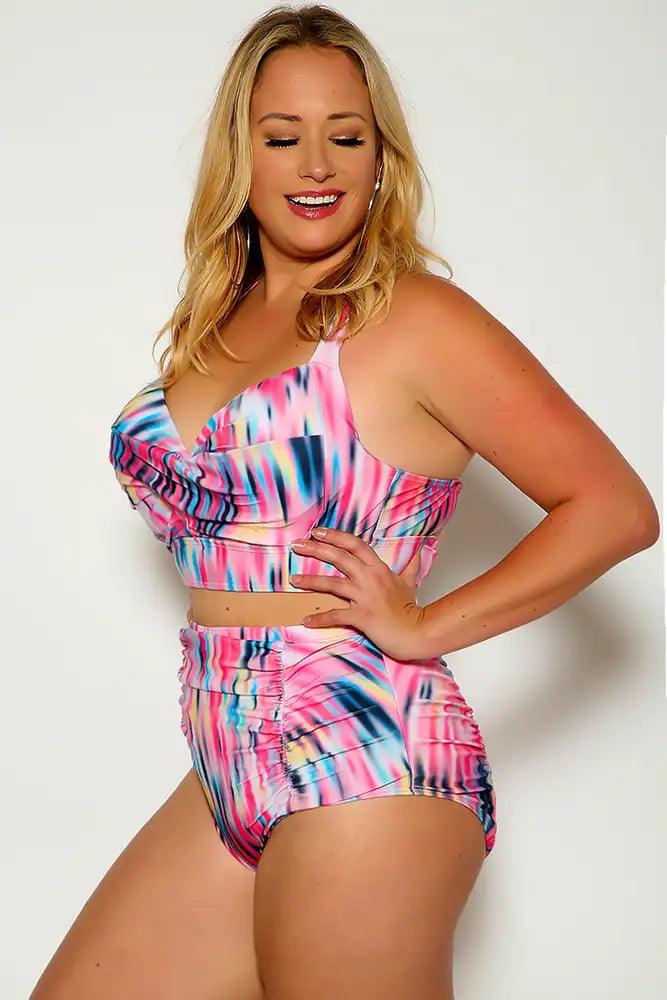 Pink Two Tone Halter High Waist Plus size Two Piece Swimsuit Areous