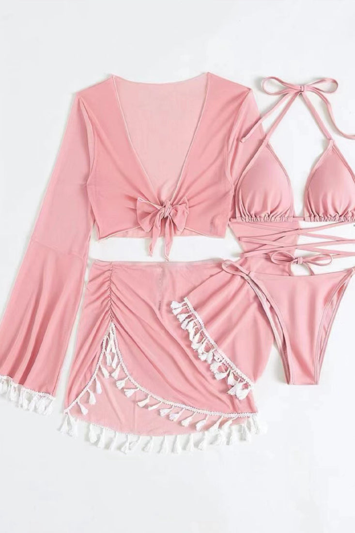 Pink Wrap Around Triangle Top Tassel Trim Cover Up 4 Pc Bikini Set Areous