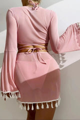 Pink Wrap Around Triangle Top Tassel Trim Cover Up 4 Pc Bikini Set Areous