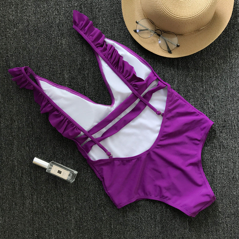 Plain Color One-Piece Ruffles Swimwear Areous