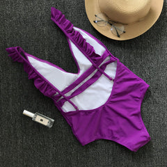 Plain Color One-Piece Ruffles Swimwear Areous