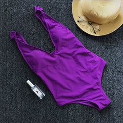 Plain Color One-Piece Ruffles Swimwear Areous