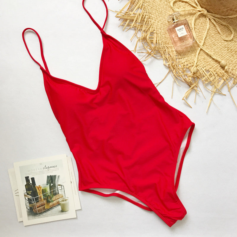 Plain Color One-Piece Straps Swimwear Areous