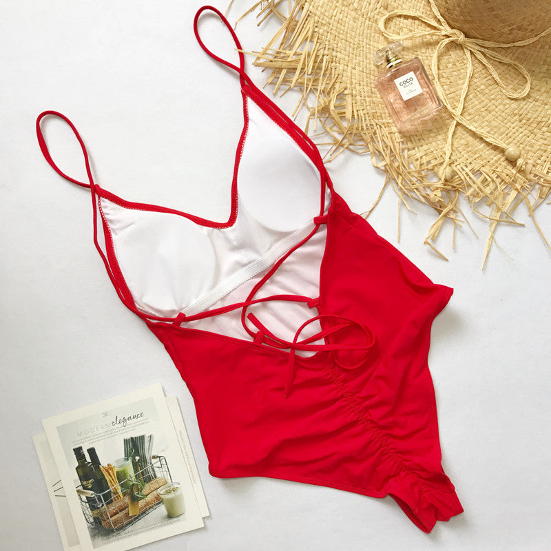Plain Color One-Piece Straps Swimwear Areous