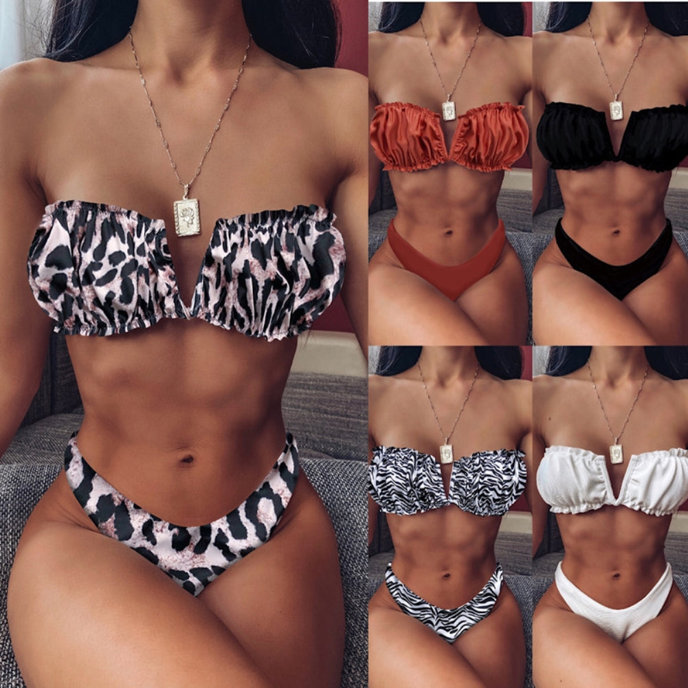 Plain Color Strapless Ruffles Swimwear Areous