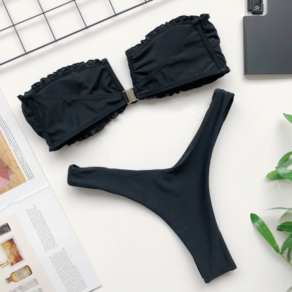 Plain Color Strapless Ruffles Swimwear Areous