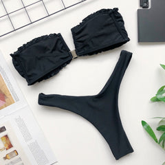 Plain Color Strapless Ruffles Swimwear Areous