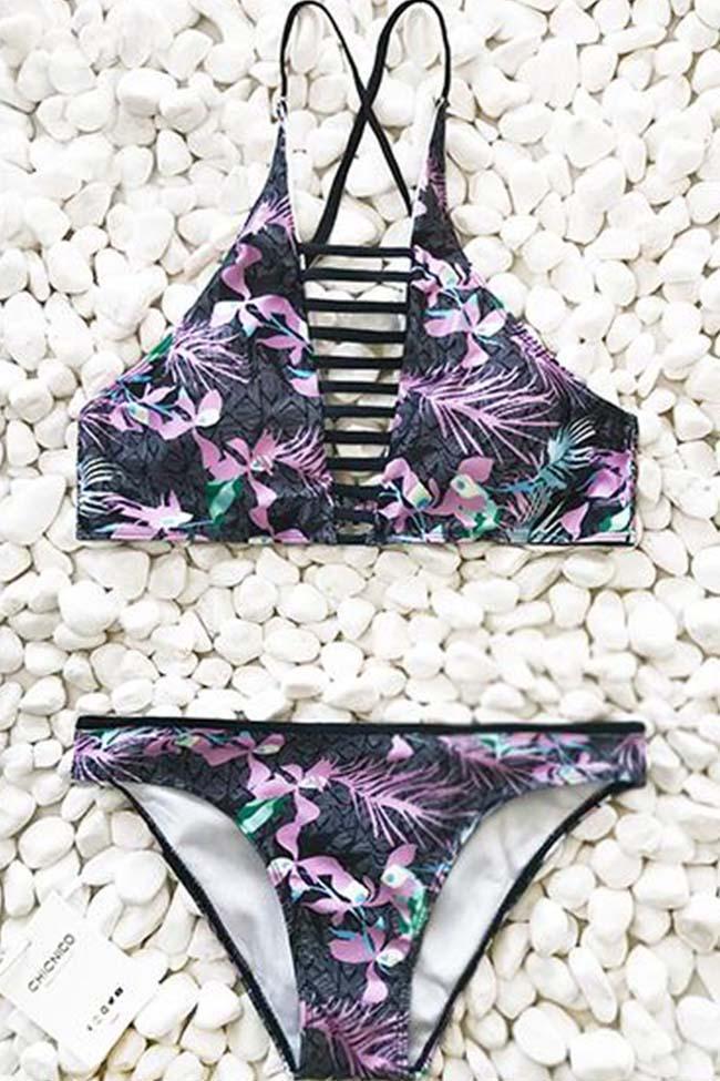 Plants Printed Hollow Out Tan Bikini Set Areous