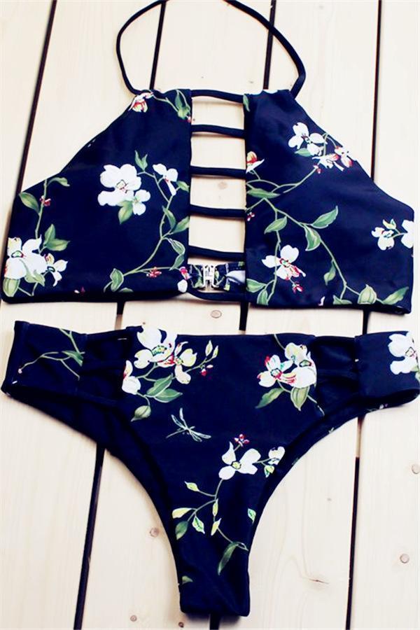 Plants Printed Hollow Out Tan Bikini Set Areous