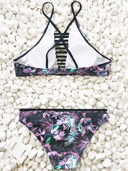 Plants Printed Hollow Out Tan Bikini Set Areous
