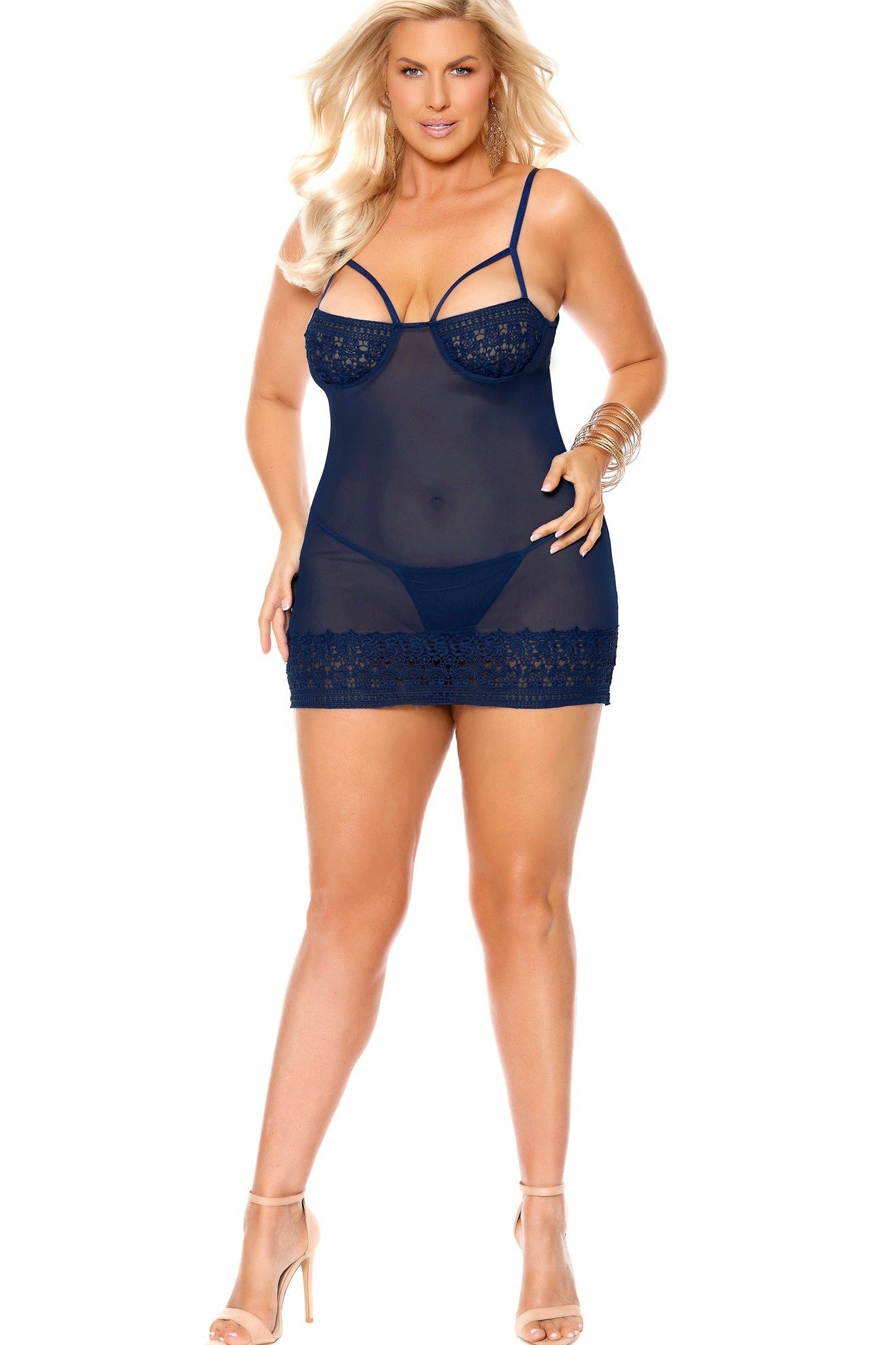 Plus Size Crochet Lace Babydoll With Underwire Demi Cups Areous