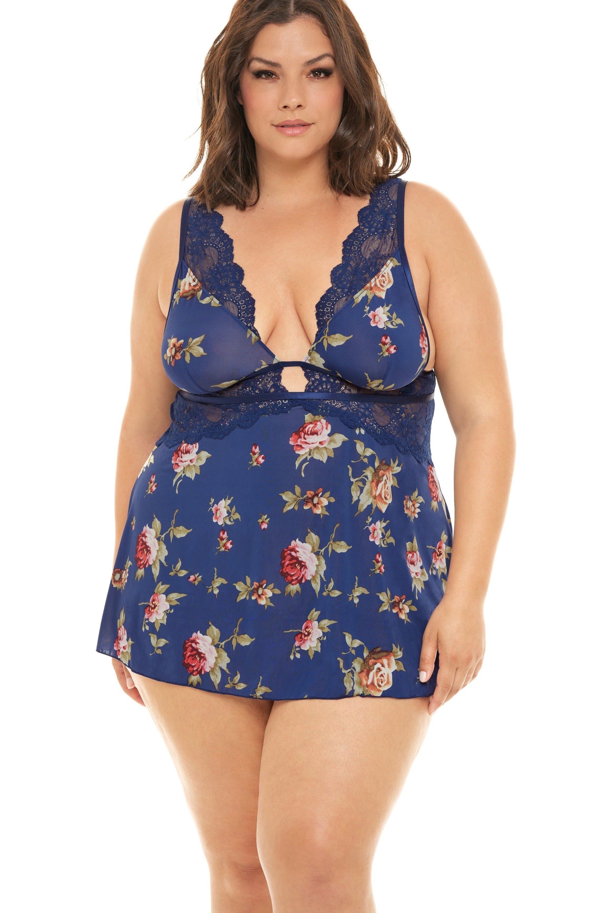 Plus Size Empire Waste Floral Print Babydoll With Deep V-Neckline Areous