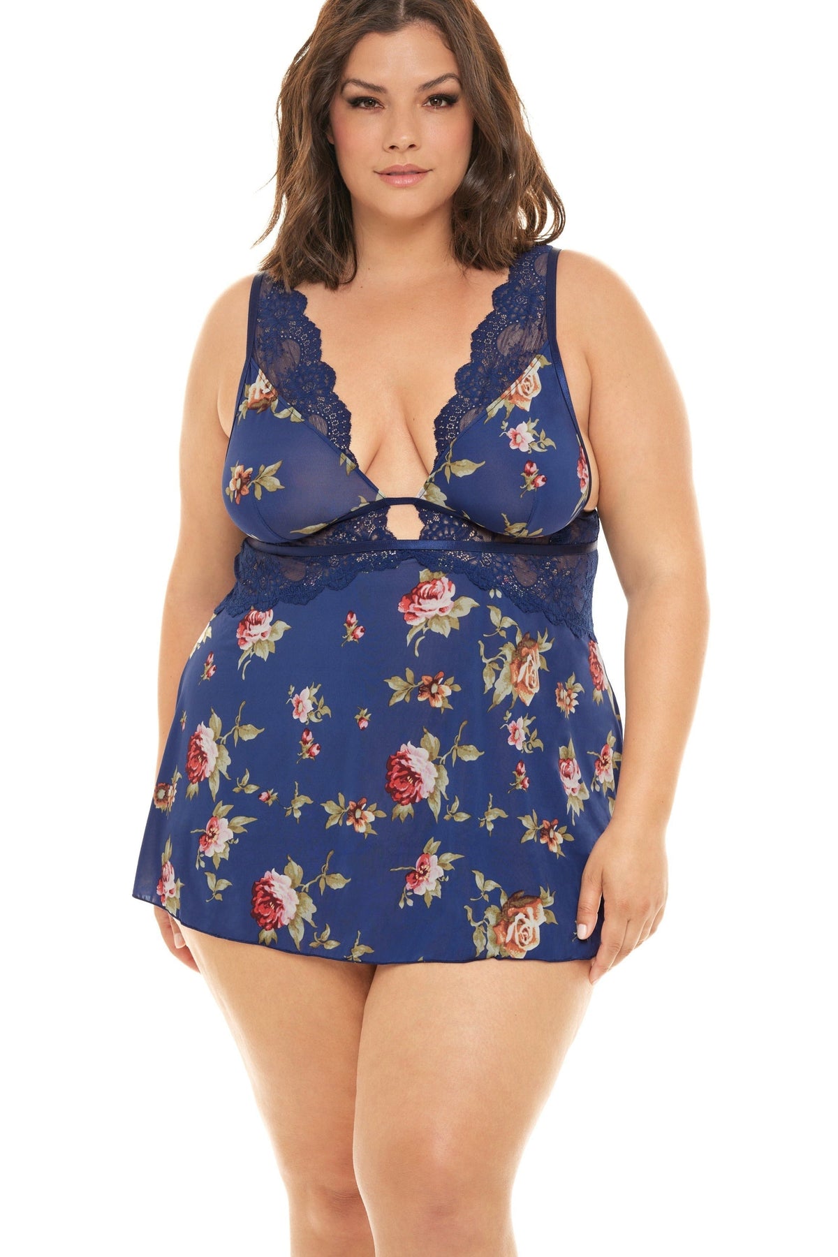 Plus Size Empire Waste Floral Print Babydoll With Deep V-Neckline Areous