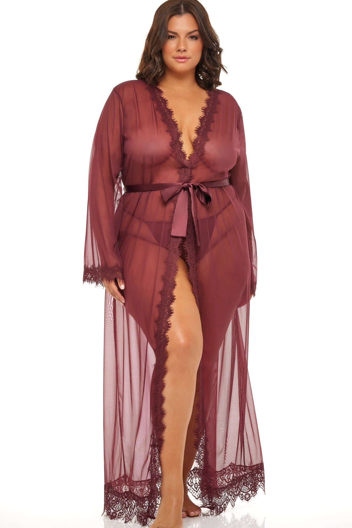 Plus Size Eyelash Lace Floor Length Robe With Satin Sash Areous