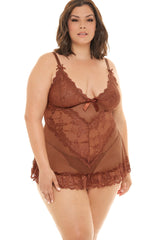 Plus Size Lace And Bows Babydoll Set Areous