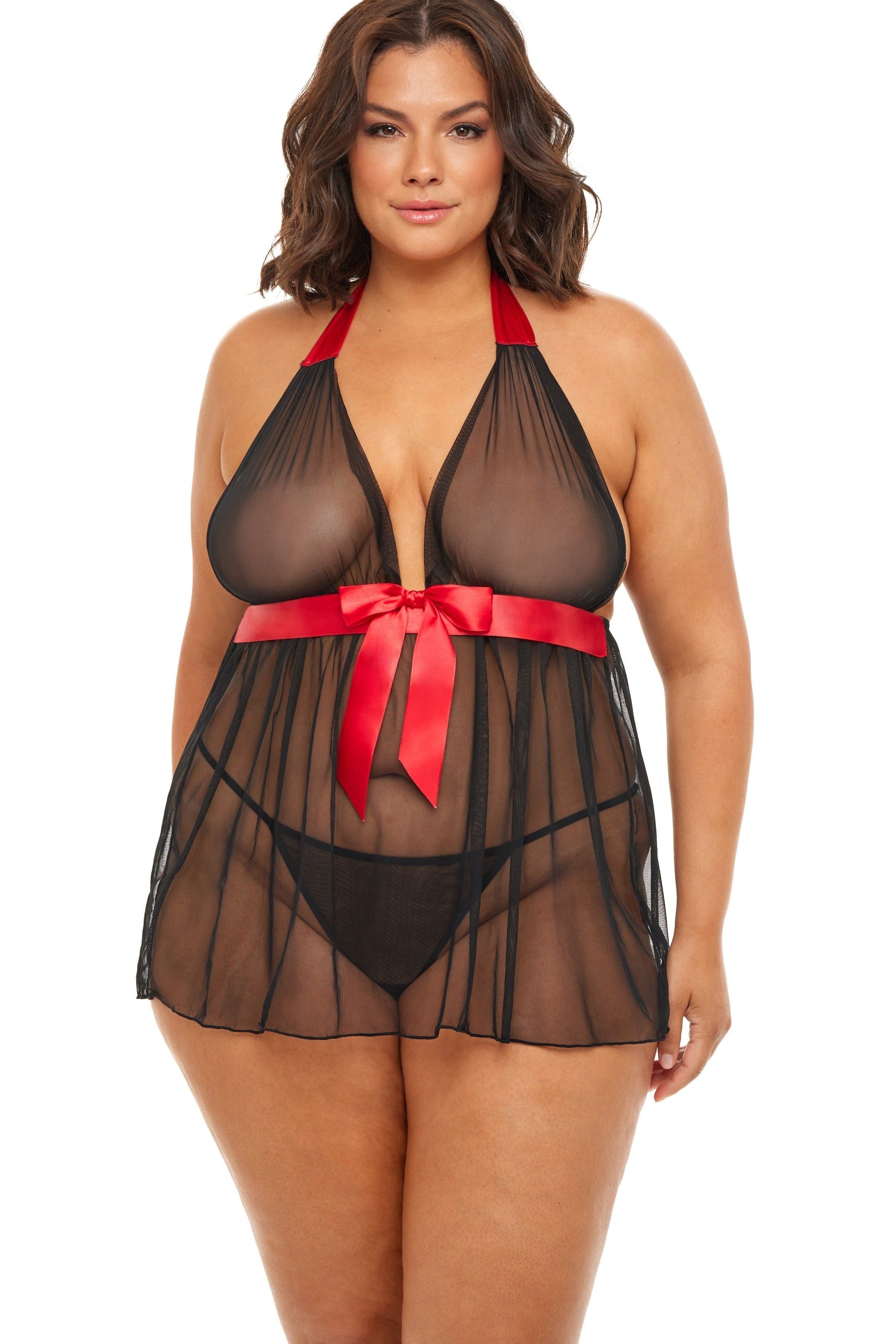 Plus Size Mesh Halter Babydoll With Satin Waist Bow Tie Areous