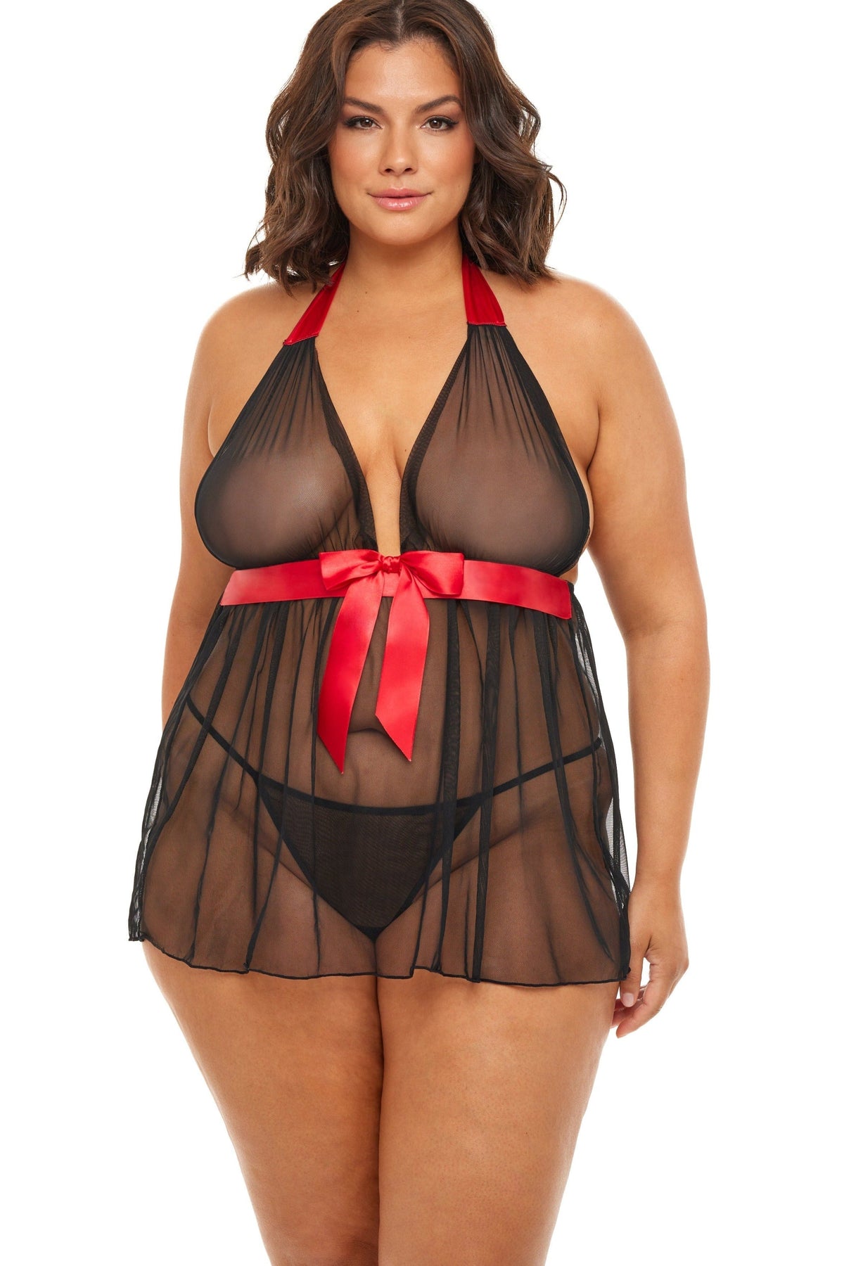 Plus Size Mesh Halter Babydoll With Satin Waist Bow Tie Areous