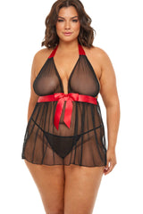 Plus Size Mesh Halter Babydoll With Satin Waist Bow Tie Areous
