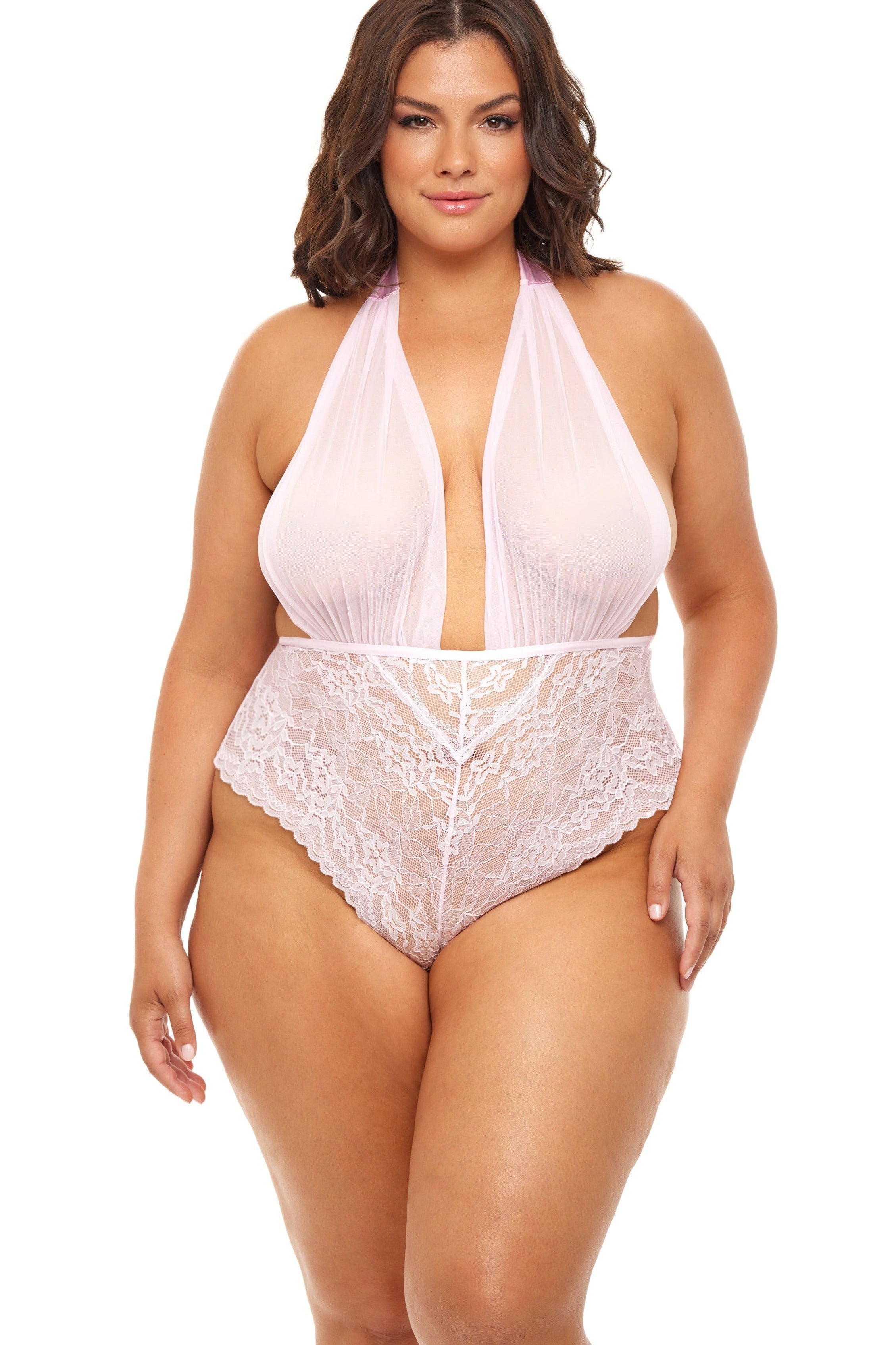 Plus Size Mesh V-Plunge Halter Teddy Areous