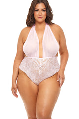 Plus Size Mesh V-Plunge Halter Teddy Areous