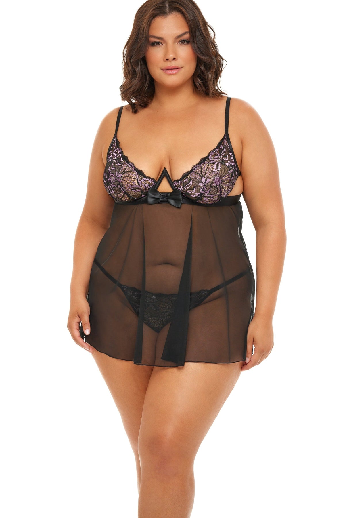 Plus Size Underwire Cup Tulled Babydoll Set Areous
