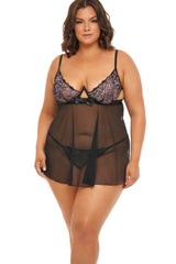 Plus Size Underwire Cup Tulled Babydoll Set Areous