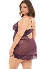Plus Size Unlined Lace Cup Chemise Set Areous