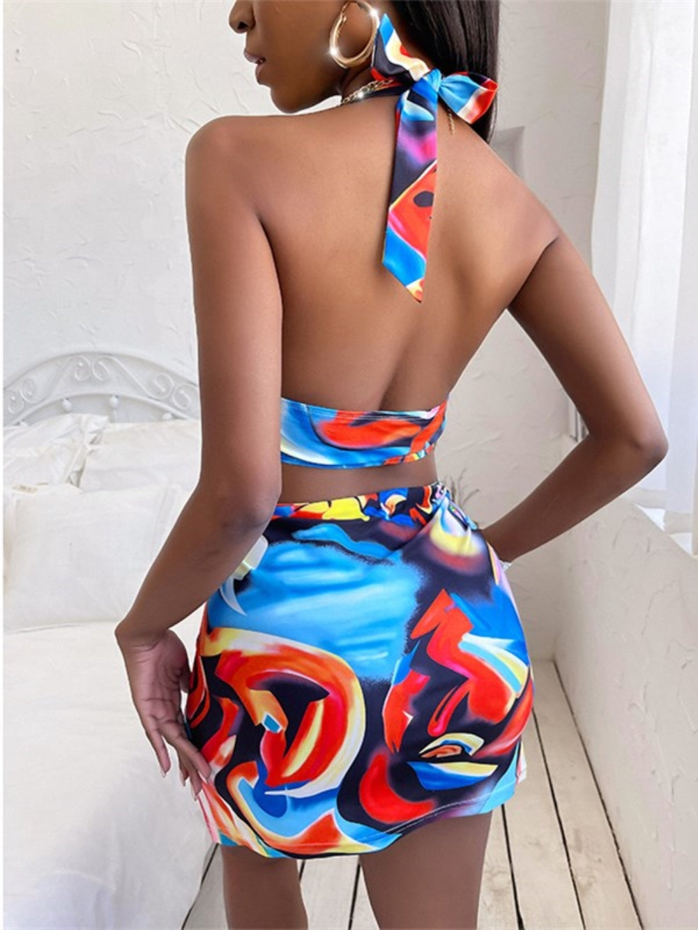 Print Colorful One-Piece O-Ring Halter Swimwear Areous