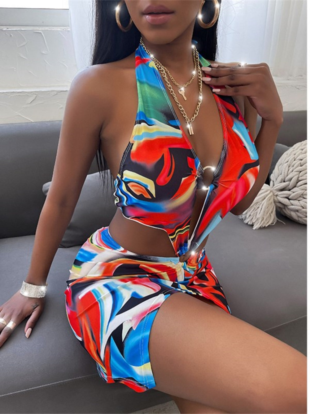 Print Colorful One-Piece O-Ring Halter Swimwear Areous