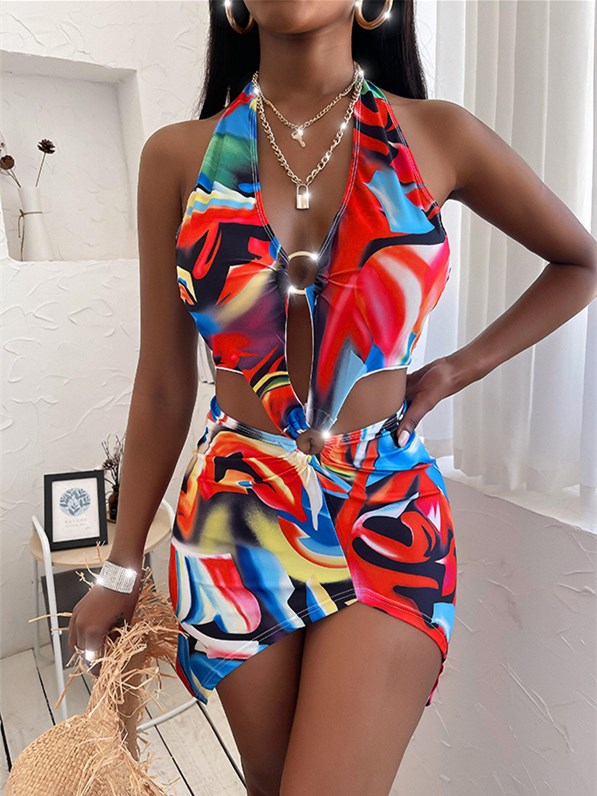 Print Colorful One-Piece O-Ring Halter Swimwear Areous