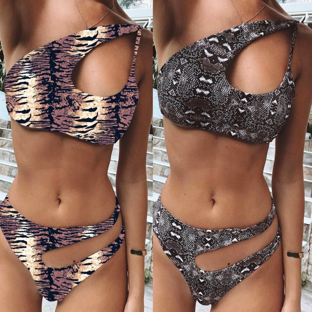 Print Cut Out One Shoulder Two Piece Swimwear Areous