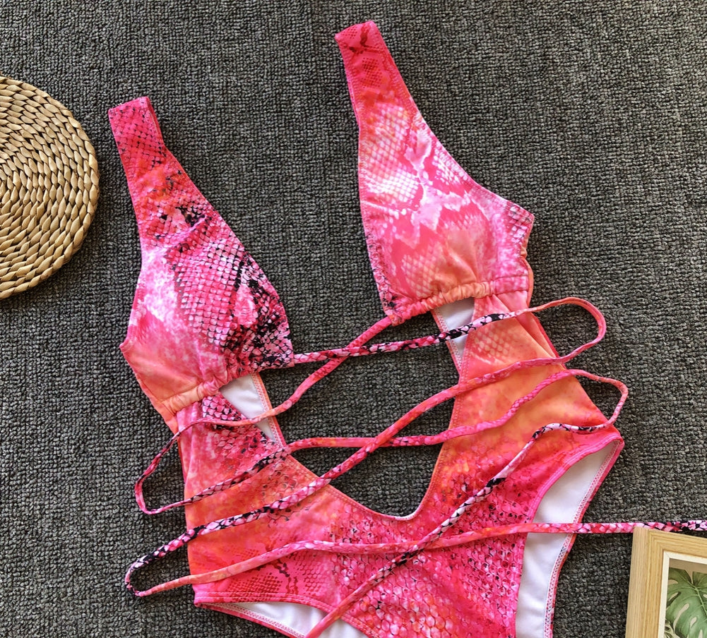 Print Deep-V One Piece Swimwear Areous