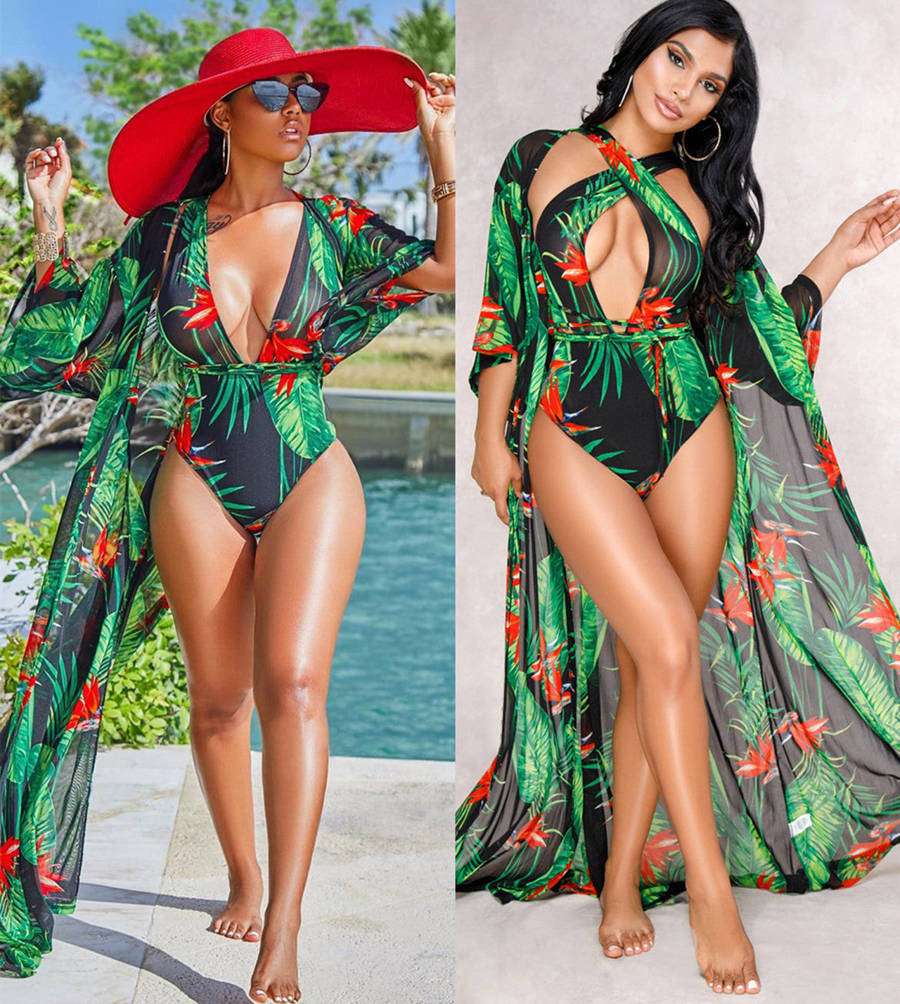 Print Green Swimsuit and Cover-Ups Areous