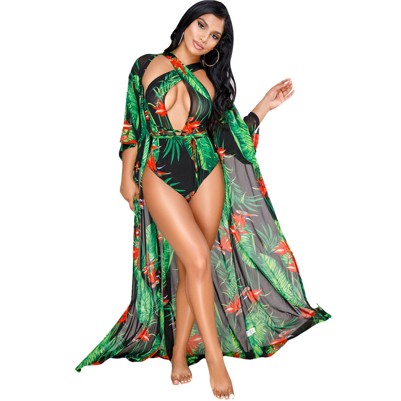 Print Green Swimsuit and Cover-Ups Areous