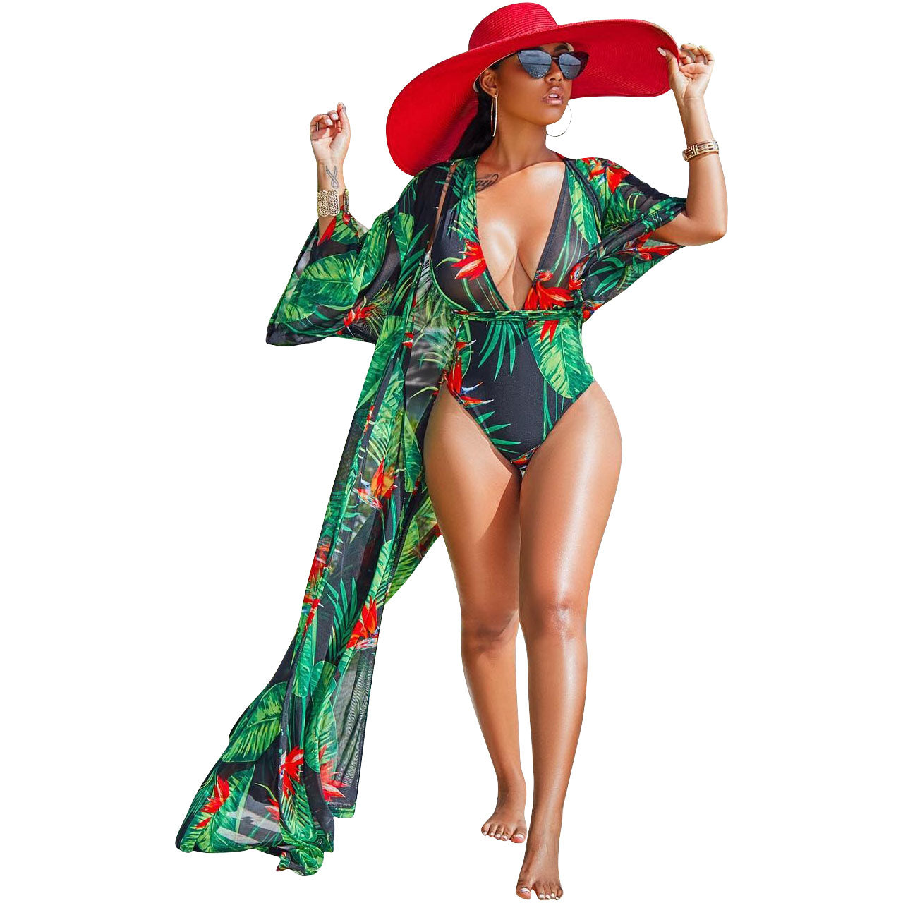 Print Green Swimsuit and Cover-Ups Areous