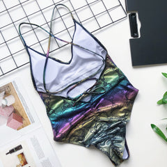 Print Halter One-Piece Swimwear with Belt Areous