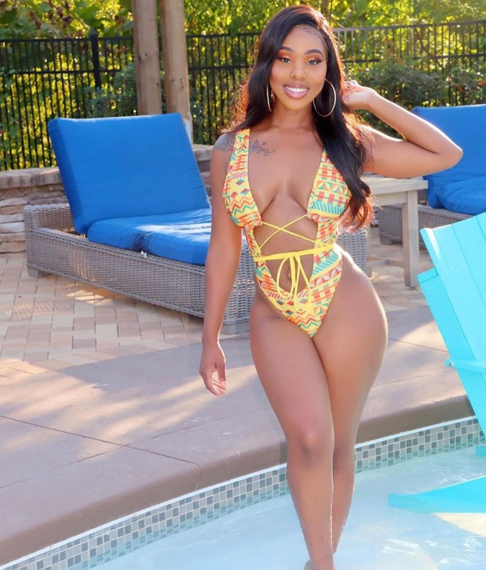 Print Lace Up One Piece Swimwear Areous