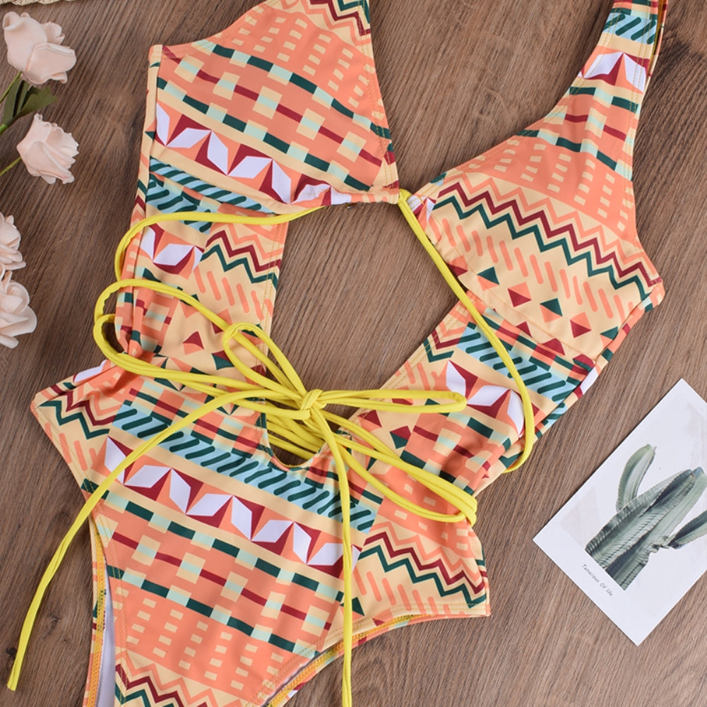 Print Lace Up One Piece Swimwear Areous