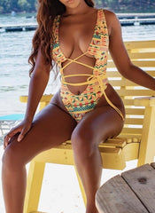 Print Lace Up One Piece Swimwear Areous