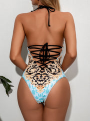 Print Retro One Piece Halter Swimwear Areous