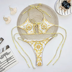 Print Retro Two Piece Halter Swimwear Areous