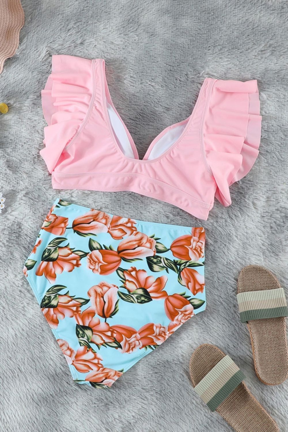 Print Ruffled V-Neck Bikini Areous