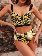 Print Vintage Two Piece High Waist Swimwear Areous